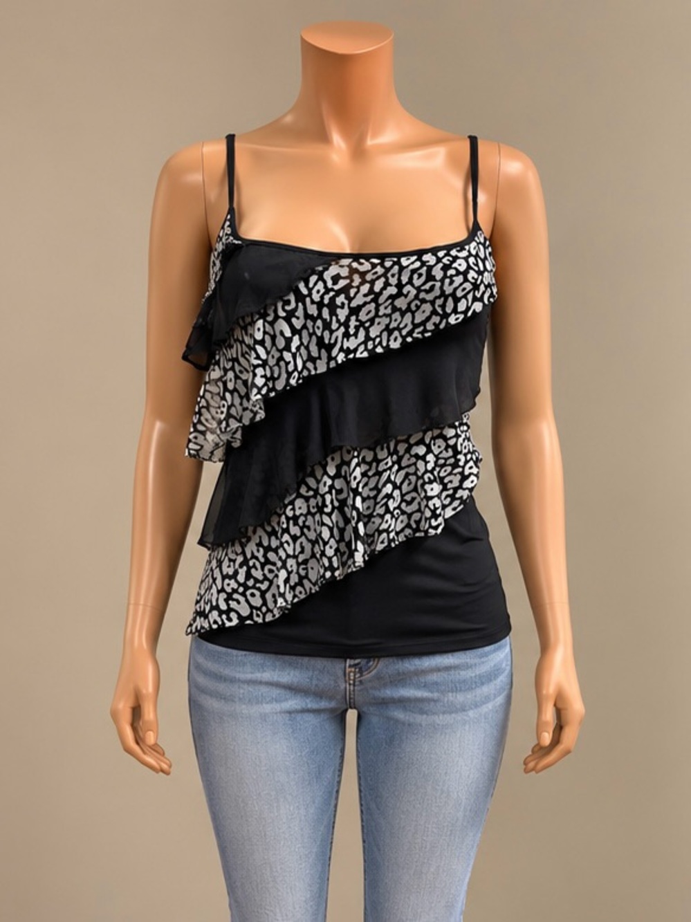 Vintage Wet Seal 2007 Black Gray Leopard Tiered Ruffle Cami Tank Top S Y2K